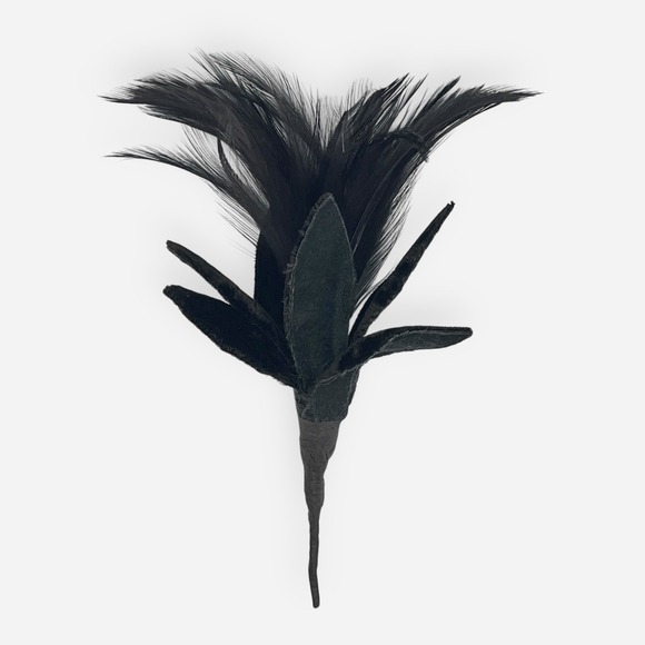 Estate Jewelry - Vintage Black Velvet Feather Boutonniere Brooch Pin Flower Floral Bronze Stems